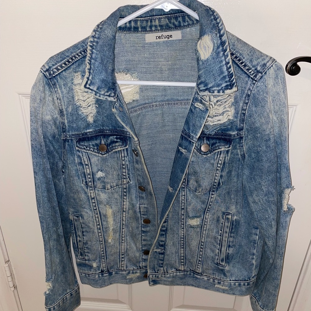 Refuge Distressed Button Long Sleeve Jean Jacket
